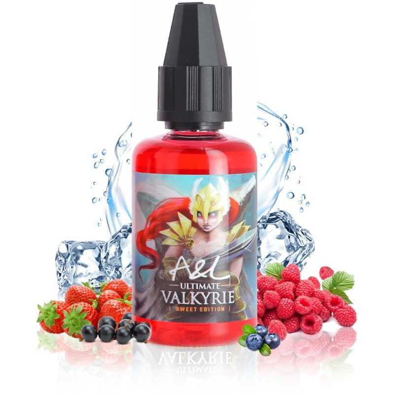 Flacon de concentré 30ml Valkyrie sweet edition avec sa framboise ses fruits rouges et des glaçons pour indiquer sa Fraicheur.