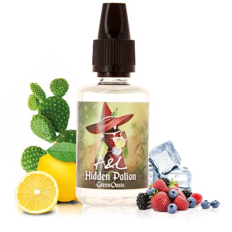 Flacon de concentré 30ml green osasis hidden potion avec son cactus son citron et ses fruits rouges et des glaçons.