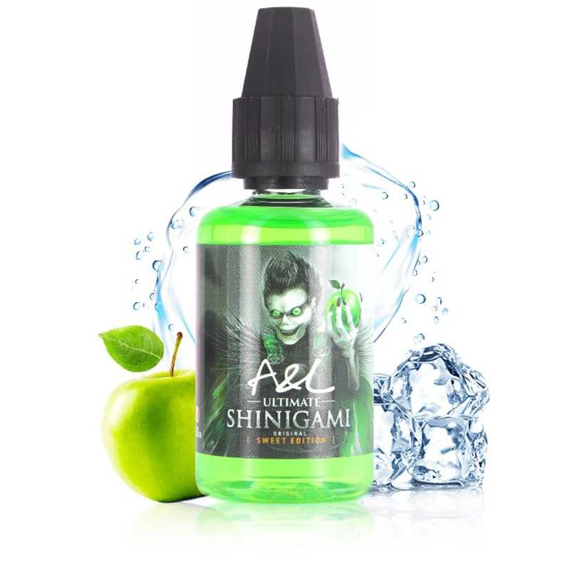 Flacon de concentré 30ml shinigami avec sa pomme verte acidulée et des glaçons pour indiquer sa Fraicheur.