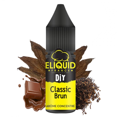 Flacon arôme Classique Brun de la marque e-liquid 10 ml avec ses feuilles de tabac