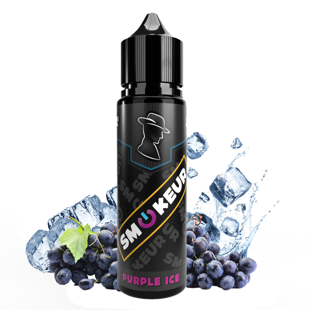 Fiole de e-liquide 100 ml purple ice smokeur en 50 ml avec son raisin noir et les glaçons bien frais.