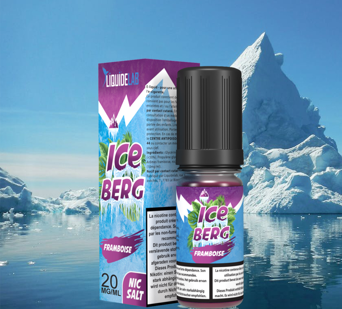 image avec un iceberg en fond et en premier plan un e-liquide iceberg-framboise-10ml-o-jlab 20 mg de sel de nicotine