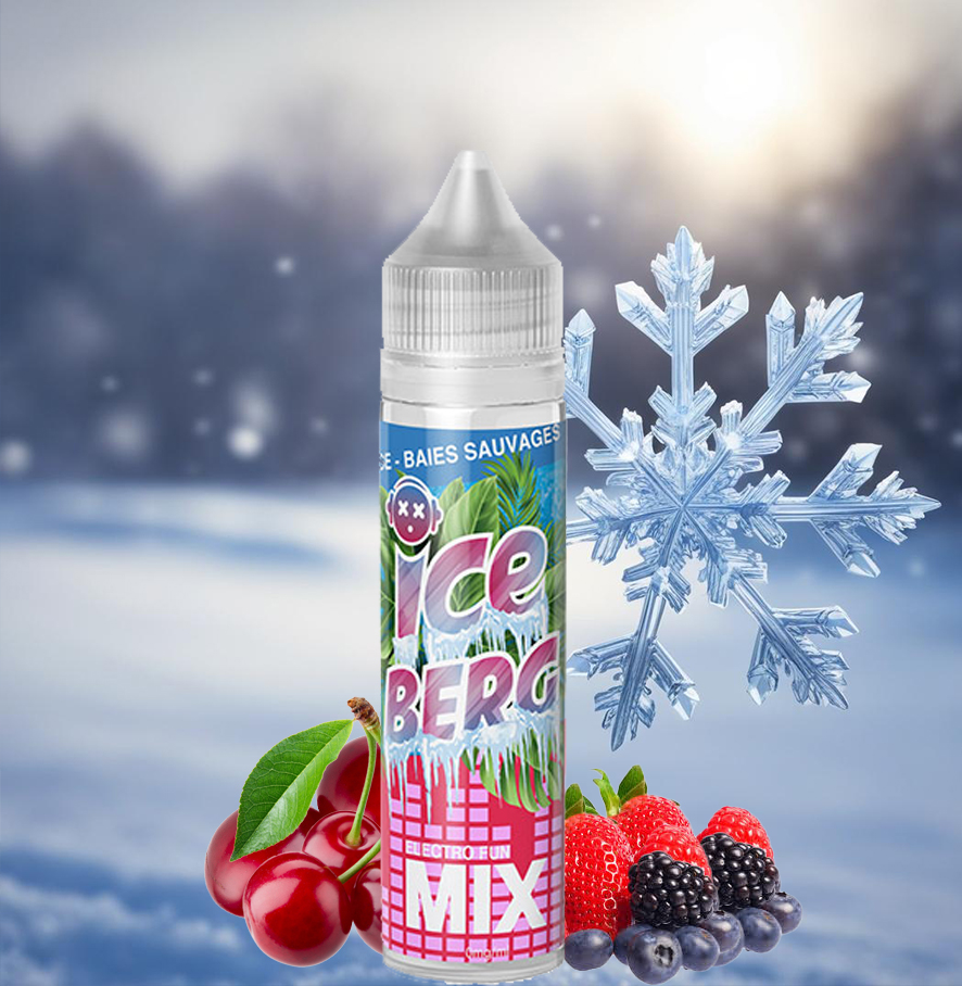 image d'un Flacon e liquide verise baies sauvages iceberg MIX Electro fun avec ses fruits et des glaçons