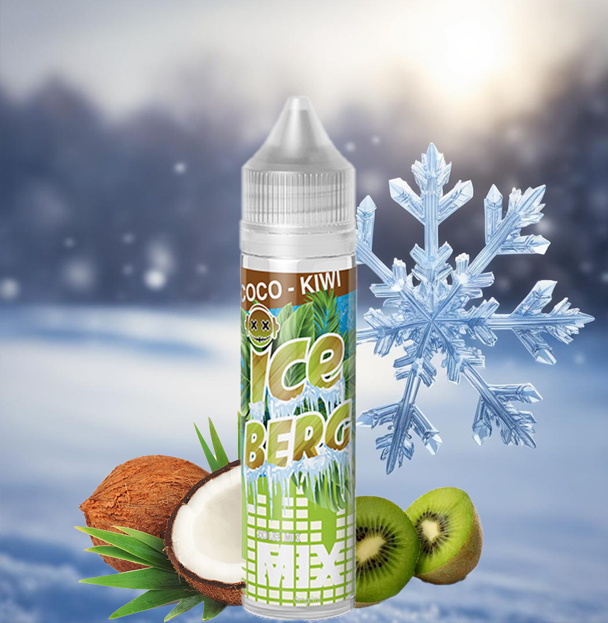 image d'un Flacon e liquide coco kiwi iceberg zouk avec ses fruits et des glaçons