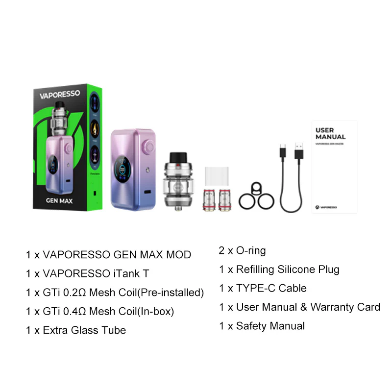 Image de la Kit Gen Max Vaporesso Gradient Purple, Boite et packaging ainsi que la liste des accessoires contenus dans le kit