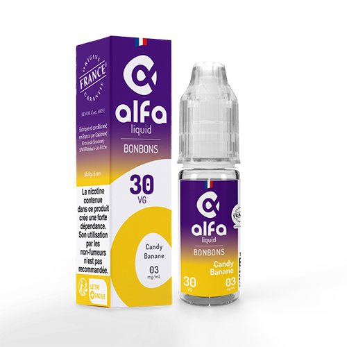 Fiole 10ml de e liquide alfaliquid candy banane 3 mg de nicotine avec son étui carton