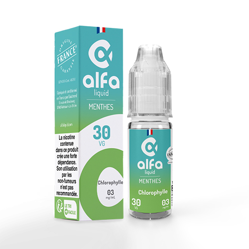 E-liquide en flacon de 10 ml à la chlorophylle alafaliquid et son emballage carton