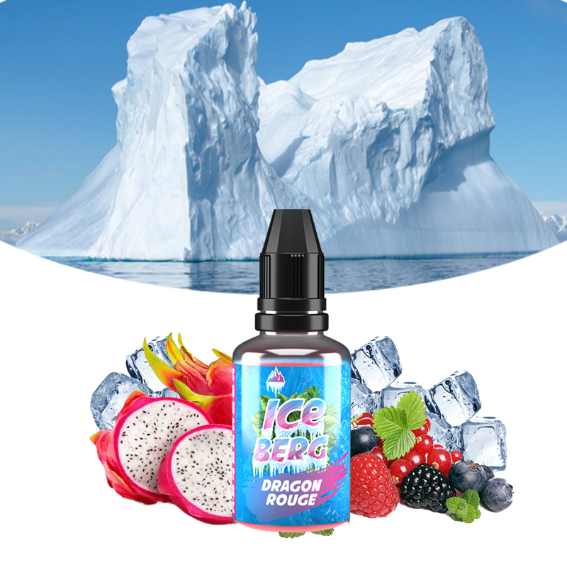 concentré dragon rouge de o'jlab avec un iceberg en fond et ses fruits rouges et pitaya autour de la fiole d'arômes