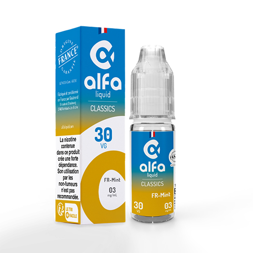 photo d'un flacon de FR MINT alfaliquid 10 ml et sa boite en carton.