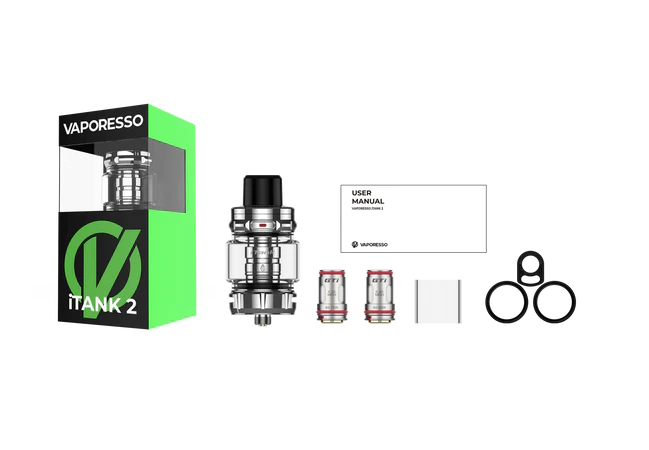 Packaging, et contenu du clearomiseur Itank 2 Vaporesso en silver