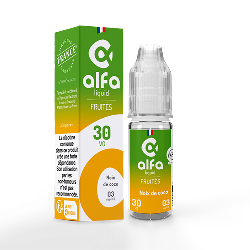 Photo d'une fiole de e-liquide 10 ml alfaliquid noix de coco