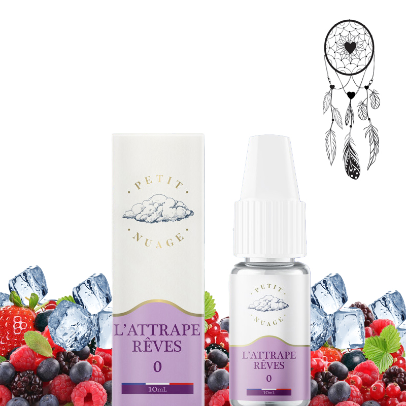 Fiole de e liquide 10 ml "l'attrape rêves" avec des fruits rouges framboise cassis fraise myrtille en arrière plan et des glaçons en haut à droite un attrape rêve.