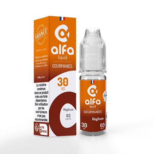 Photo d'un Flacon alfaliquid 10 ml Réglisse 03 mg de nicotine et son emballage carton