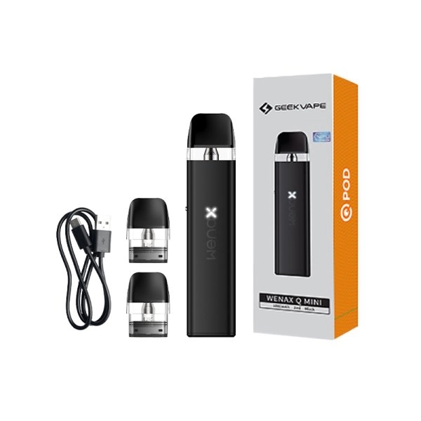 Wenax Q Mini Geek Vape, en Black, avec sa boite, et le contenu du kit